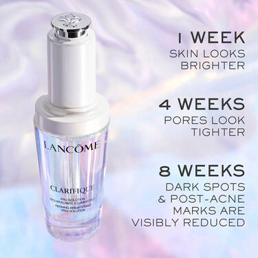 Clarifique Pro-Solution Face Serum Bottle with benefits listing of visibly brighter skin tighter pores and reduced dark spots
